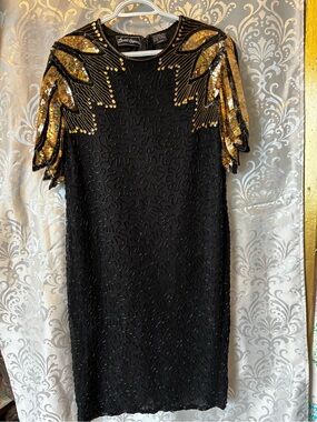 Vintage Jewel Queen Black Sequined Cocktail Dress with Gold Embellishment